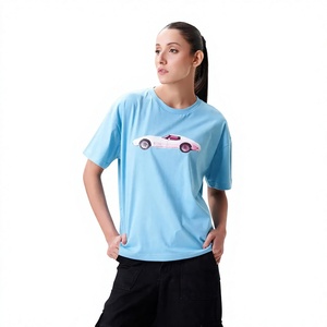 T-shirt décontracté pour femme, bleu clair, col rond, manches courtes, imprimé motif voiture, coupe ample, en jersey, pour printemps et été - Product Image 3