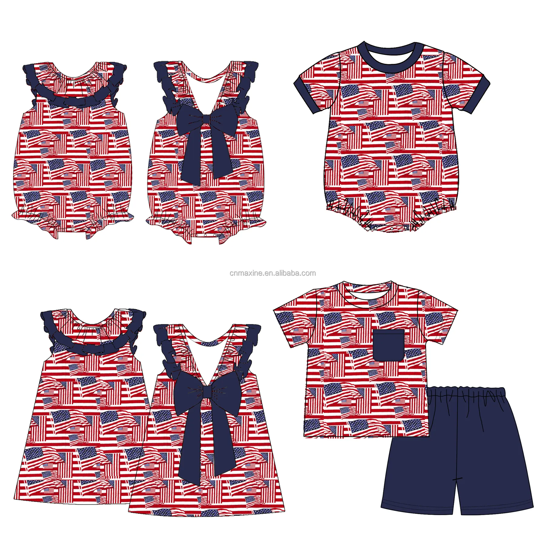 Set pendek bayi laki-laki cetak bendera USA patriotik pakaian cocok hari 4 Juli set baju anak laki-laki butik