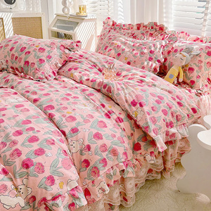 Jupe de <span class=keywords><strong>lit</strong></span> 100 % coton à imprimé floral, style princesse, avec dentelle, ensemble trois pièces pour filles, épaissi, <span class=keywords><strong>matelassé</strong></span>, antidérapant, style ajusté - Product Image 4