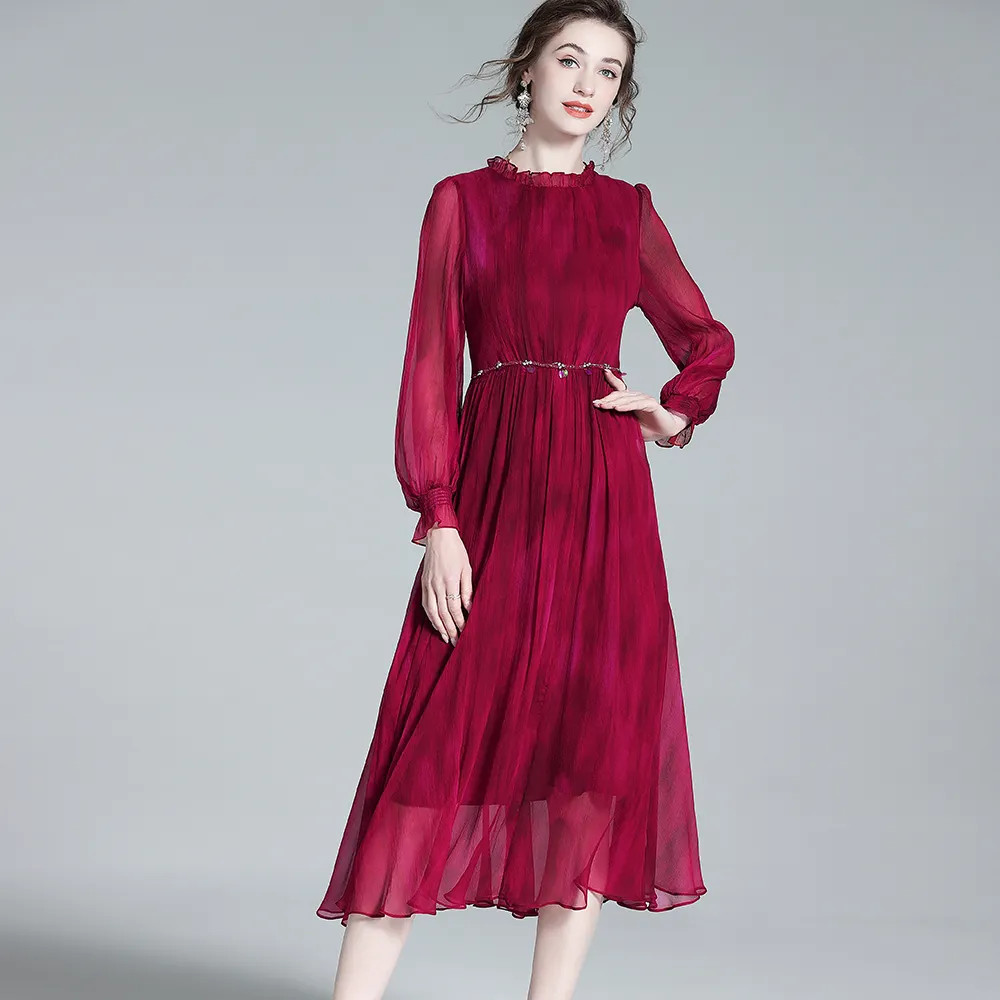 Nouveau automne vin rouge robe femmes élégant lisse crêpe soie robe femmes taille perlée diamant à manches longues robe