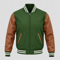 Veste universitaire personnalisée pour homme, corps vert, manches aspect cuir, fermeture éclair intégrale, style Letterman, col rayé, streetwear, logo, veste de baseball