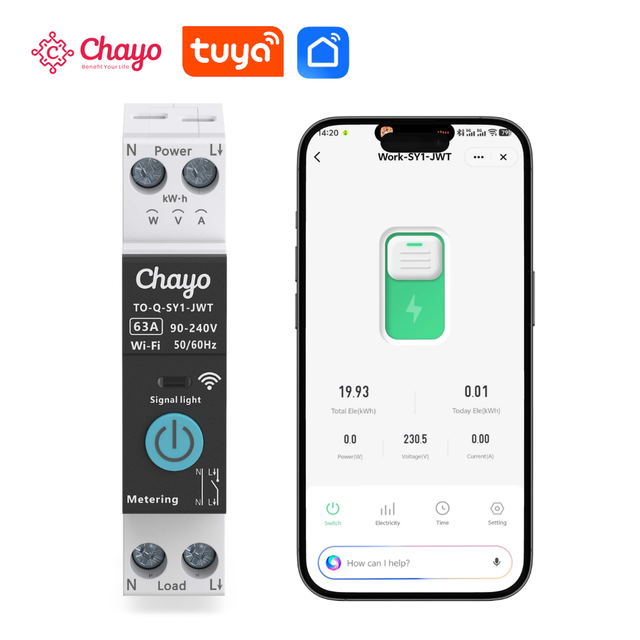 API Tuya WiFi Smart Switch Meter CE 90-240V 6-63A 1P+N MCB Circuit Breaker for Panels and Equipment Rooms Smart Home Chayo