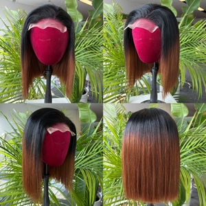 Pelucas de cabello humano liso con cierre frontal de encaje 5x5, estilo bob corto ombre marrón, brasileño - Product Image 5