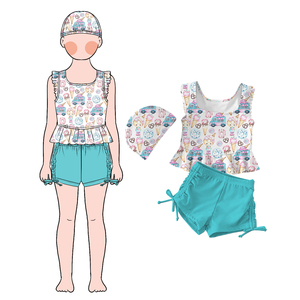 Little Glow Kid Vente en gros <span class=keywords><strong>de</strong></span> maillots <span class=keywords><strong>de</strong></span> <span class=keywords><strong>bain</strong></span> écologiques personnalisés pour filles, <span class=keywords><strong>2</strong></span> <span class=keywords><strong>pièces</strong></span>, à volants, sans manches, avec bonnet <span class=keywords><strong>de</strong></span> <span class=keywords><strong>bain</strong></span> pour enfants - Product Image 4