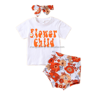 Abiti personalizzati per ragazze per 14 <span class=keywords><strong>anni</strong></span> vestiti estivi per bambini lavorati a maglia lettera pantaloncini a fiori a maniche corte abiti di qualità per bambini - Product Image 1