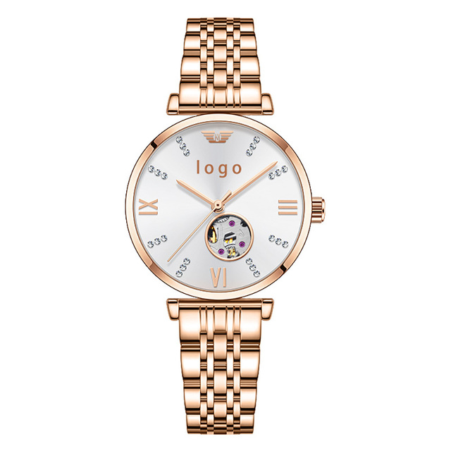 Women Automatic Mechanical Watch Skeleton Rose Gold Stainless Steel Waterproof Lady Luxury Watch