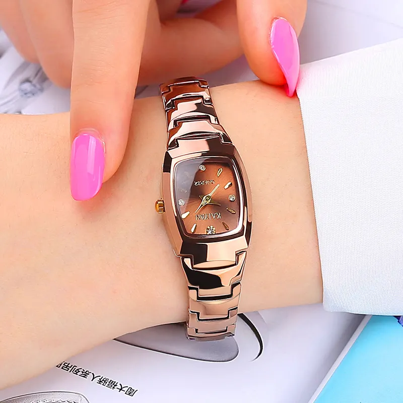 Reloj colorido de calidad perfecta para mujer, reloj de pulsera de oro rosa de cuarzo de color acero de tungsteno para mujer