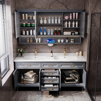 Meuble-lavabo de salle de bain moderne sur pied avec lavabo en céramique, miroir intelligent et mobilier de salle de bain personnalisable.