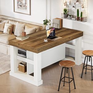 SENYU Wood Kitchen Island <b>Table</b> with Rustic Top and White Base, Multi-Functional Storage Shelf for Modern Kitchen - Product Image 3