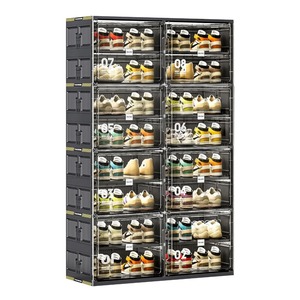 Organizzatore per scarpe impilabile a 8 livelli, armadio pieghevole pieghevole con porte magnetiche trasparenti per 32 paia, plastica resistente, Bl - Product Image 1