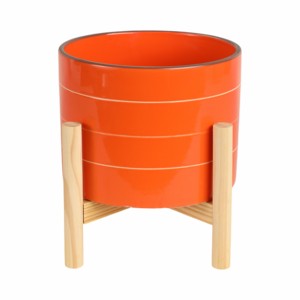 Vaso in ceramica a righe con supporto in legno, fioriera colorata per decorazioni domestiche, ingresso, patio, tavolo, giardino - Product Image 1