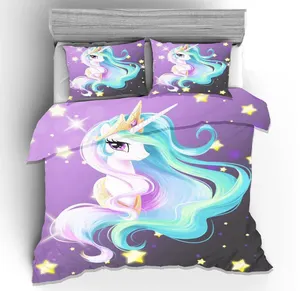 100% Microfiber Disesuaikan Set Tempat Tidur 3D Digital Kartun Unicorn Selimut Penutup Set Bed Sheet Set