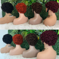 Perruque Courte Bouclée Pixie Cut en Cheveux Humains, Sans Lacet Frontal, Faite à la Machine, Perruque Colorée en Cheveux Humains pour Femmes Noires