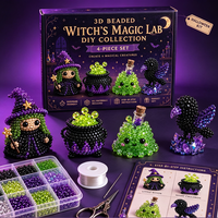 Kit de perles 3D DIY Halloween Magic Lab 4 pièces : Figurines Sorcière, Chaudron, Slime, Corbeau – Ensemble de perles artisanales pour décoration de fêtes et cadeau fait main