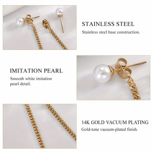 Pearl <b>Chain</b> Drop <b>Earrings</b> Stainless Steel 14K Gold Vacuum Plated Long Curb <b>Chain</b> Imitation Pearl <b>Stud</b> <b>Earrings</b> - Product Image 3