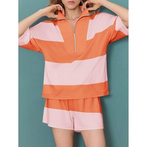 Fisoew Conjunto de 2 piezas con cuello alto y manga tres cuartos para mujer, sudadera a rayas, pantalones cortos, conjunto deportivo de verano, transpirable, de punto - Product Image 2
