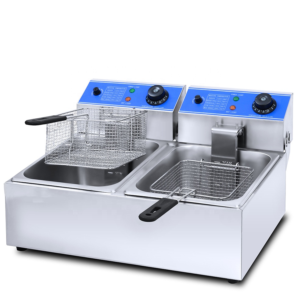 Fritadeira elétrica de 2 tanques e 2 cestos para restaurante, equipamento de fritar frango, prata, aço inoxidável de qualidade alimentar, ideal para vendas