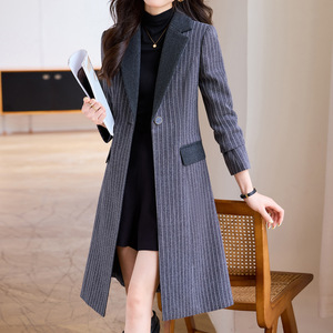Striped Suit Collar Trench Coat For Women Medium Thickness Polyester Woven Autumn Winter Style Elegant Slim Fit Coat - Product Image 4