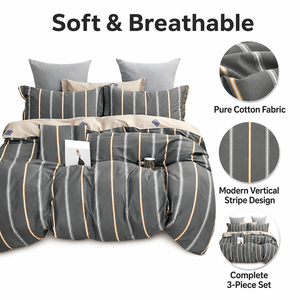 Poland Local Hub 3 Piece Cotton <b>Bedding</b> <b>Set</b> Queen Size Neutral <b>Stripe</b> Comforter EU Dropshipping - Product Image 3