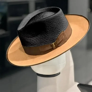 Chapeau Fedora en paille bicolore à large bord style Panama avec bande en gros-grain - Product Image 3