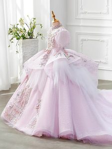 Vestido de Princesa para Niñas con Bordado Floral y Mangas Abullonadas con Cuentas, de Alta Gama, Estilo Lujoso y Exclusivo, para Fiestas de Cumpleaños, Color Rosa - Product Image 4