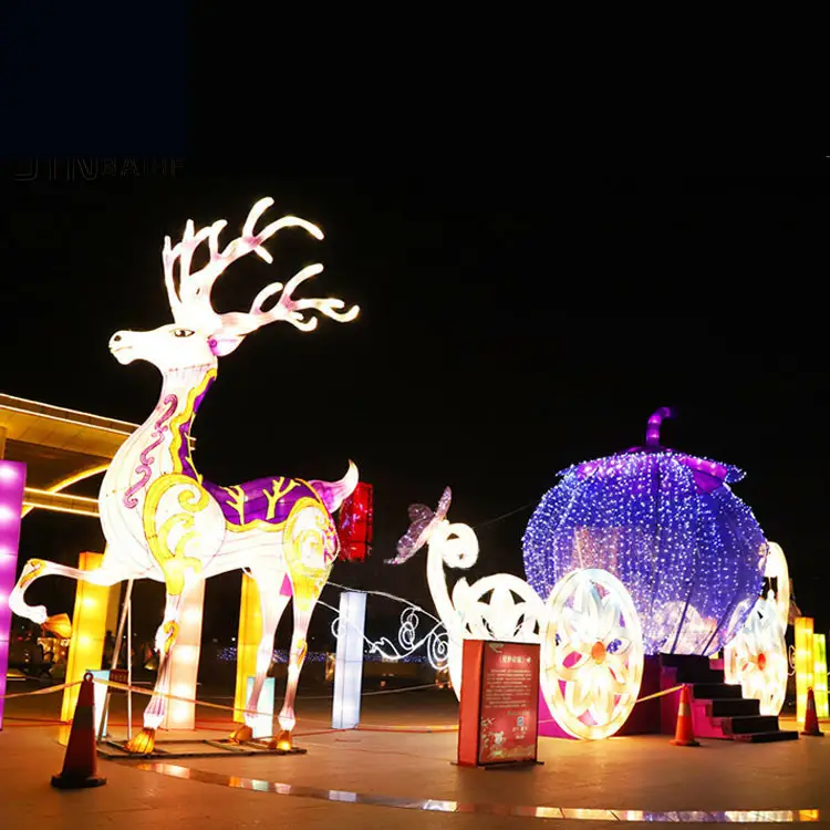 Decorações de rua ao ar livre do feriado por atacado rena animal do quadro 3D do ferro personalizado com luzes do motivo do Natal do trenó