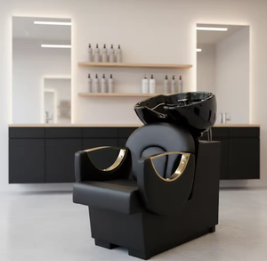 Ensemble de mobilier de salon de beauté noir et or : Bac de lavage, équipement de coiffure, chaise de coiffage, bac à shampoing - Product Image 4