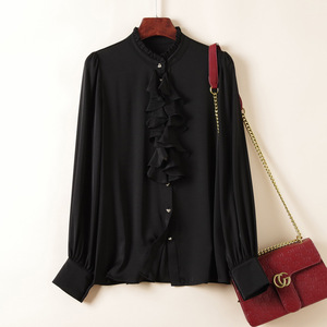 Camicia da donna in seta a maniche lunghe da donna alla moda <span class=keywords><strong>camicetta</strong></span> <span class=keywords><strong>con</strong></span> colletto arruffato e frontale - Product Image 3