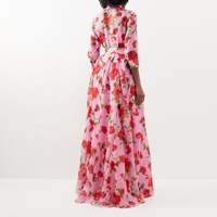 Fabrication Usine Robe chemise longue élégante à boutons avec ceinture à nouer sur le devant Maîtresse imprimé de roses Robes de cocktail roses grande taille pour femmes