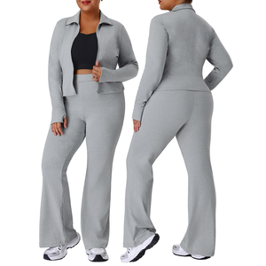 Plus Size Women Turtleneck Zipper <b>Jacket</b> High Waist Flare Leggings Fitness Gym <b>Yoga</b> Two-Piece Set Washed Spandex/Nylon - Product Image 1