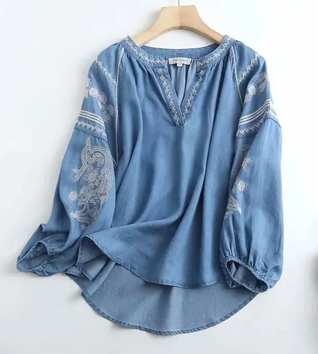 New Blue Retro Denim Blouse Embroidery Loose Oversize Tops V-neck With Tassel Long Puff Sleeved Clothing