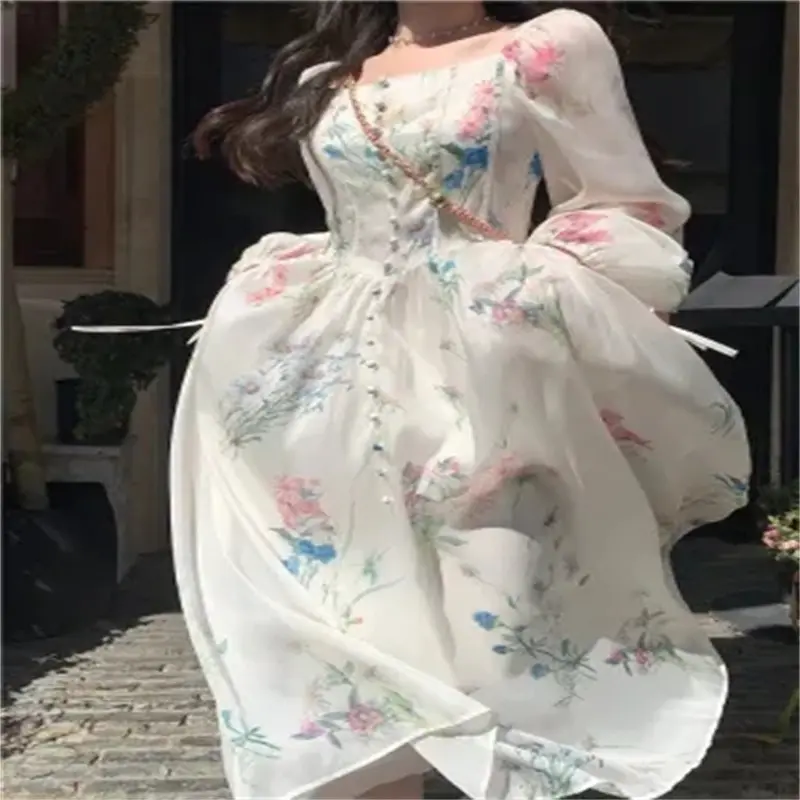 Elegante Floral Midi Vestido Chiffon Manga Longa Evening Party Dress Mulher Beach Fairy One Piece Vestido Coreano 2023 Verão