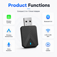 Mini adaptateur sans fil CarPlay et Android Auto, Bluetooth 5.1, WiFi 5.8 GHz, mise à niveau OTA, USB/Type-C Plug and Play