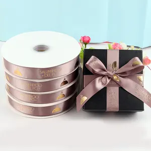 Satin Ribbon Custom Size 1inch 2.5cm Gold Foil Logo Brand Artwork Pink Satin Grosgrain Ribbon For Packaging Decoration