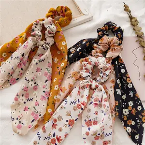 LRTOU 2020韩国女性时尚弹性发饰橡皮筋花朵印花长款围巾梳毛领带
