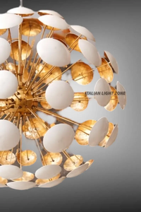 Lustre moderne de style Mid-Century en laiton, design Pissenlit Sputnik, suspension de style Stilnovo italien avec disque blanc, luminaire de plafond - Product Image 5
