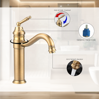 Robinet de lavabo en laiton antique, mitigeur de salle de bain à poser sur comptoir, monocommande eau chaude et froide