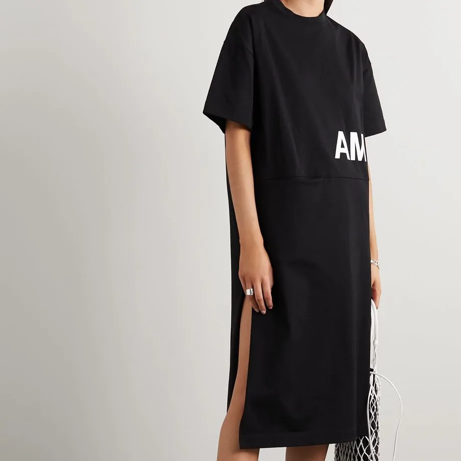 Boy kadın örme baskılı rahat elbiseler pamuk Midi gevşek T Shirt elbise Logo ile özel artı boyutu kadın elbiseleri