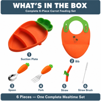 Ensemble d'alimentation en forme de carotte en silicone de qualité alimentaire pour bébé Bol à succion Assiette Cuillère Fourchette Bavoir Sans BPA Vaisselle de sevrage pour tout-petits enfants