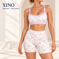 Ensemble de vêtements de sport personnalisé à imprimé floral, durable, 75% nylon, 25% élasthanne, extensible dans les 4 sens, soutien-gorge de sport, short de sport, leggings, vêtements de yoga