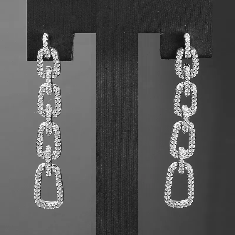 fashion model jewelry custom 18k plated gold diamond earring cz zircon drop buckle long chain earrings silver 925 sterling women