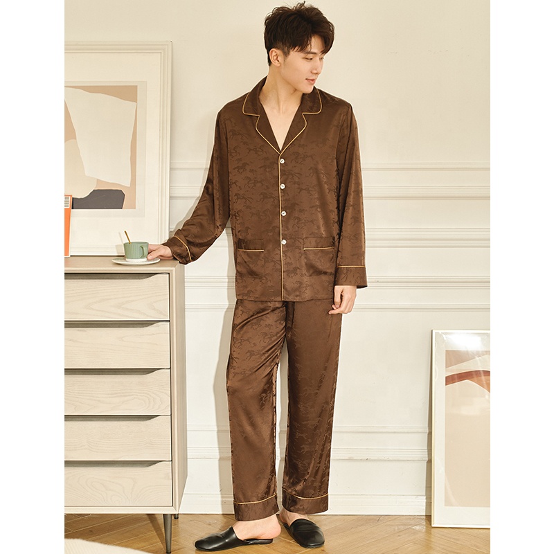 Однотонная Пижама с отложным воротником, с длинными рукавами и карманом, Мужская пижама