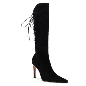 Bottes longues élégantes en daim uni pour femme, à talons hauts, bout pointu, lacets arrière, bottines hautes au genou, avec fermeture éclair latérale et découpes - Product Image 5