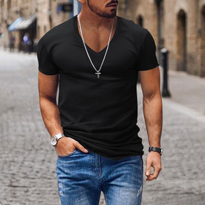 Slim mince confortable chemise en gros de haute qualité T-Shirt hommes couleur unie col en v à manches courtes hauts - Product Image 5