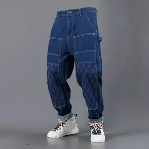 OEM Factory Men's Fashion Style Straight Jeans Baggy Harem Style Grid Embroidered Patchwork Trousers Plus Size Custom Jeans