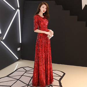 Robe de soirée de luxe en sequins dorés pour femme, élégante, col en <span class=keywords><strong>V</strong></span>, manches mi-longues, coupe trapèze, motif floral, robe de bal - Product Image 2