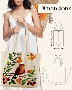 Custom Logo Embroidery Casual Zipper Shoulder Reusable Canvas Tote <b>Bag</b> Long Handle Cute 3D <b>Tree</b> Bird Embroidery for Grocery Work - Product Image 3