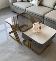 Table basse carrée de luxe léger avec plateau en pierre frittée ou verre trempé en option et meuble de rangement intégré – Table à thé combinée