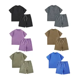 Wholesale custom kids unisex fashion acid wash shorts+tops set toddler baby boy girl jogging high quality acid wash t shirt set