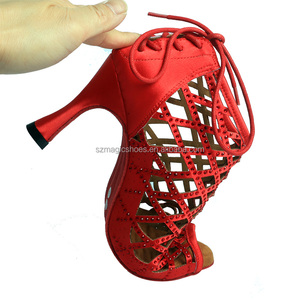 Talons pour femmes coupe creuse talon personnalisé chaussures de danse en satin rouge bottes bottes de danse <span class=keywords><strong>salsa</strong></span> avec perles rouges 9CM - Product Image 5
